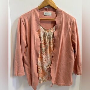 Alfred Dunner open-front cardigan with a coordinating floral print top.